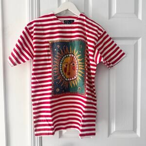 I AM Vintage Red White Stripe Sun Moon Embroidered Beaded Cotton Y2K Small 3D